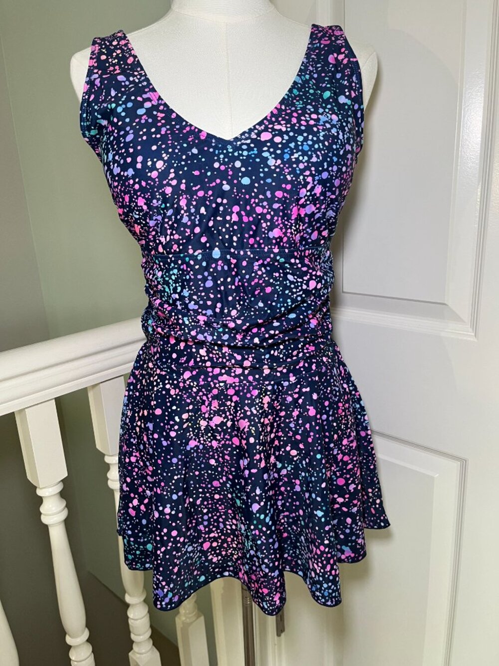 Younique Navy One-Piece Swimdress with Pink & Teal Paint Splatter Design Artsy